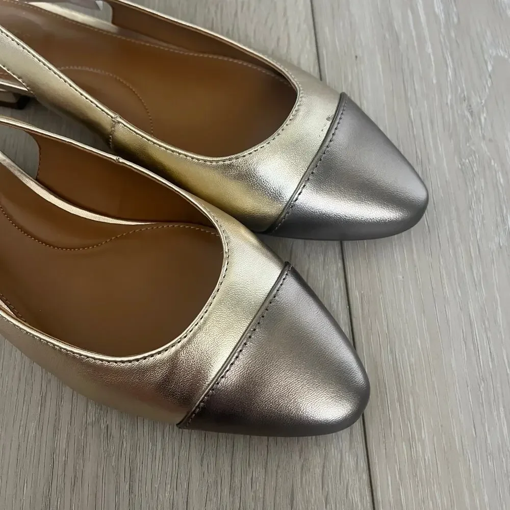 Talbots 'Edison' Womens 9M Metallic Slingback Cap Toe Flat Gold Shoe